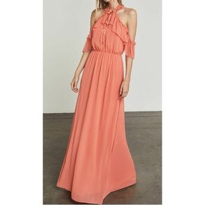 BCBGMaxAzria coral  Maxi Dress Halter Neckline Smocked Tiered